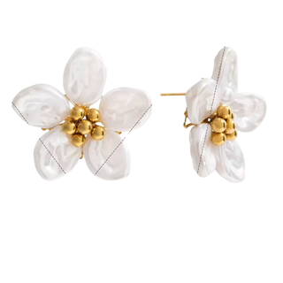 Marigold Flower Earrings with five pearly white marbled petals and a cluster of polished gold beads at the center