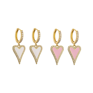 Modern Heart Drop Earrings in gold-tone metal with crystal-edged heart pendants, two white and two pink