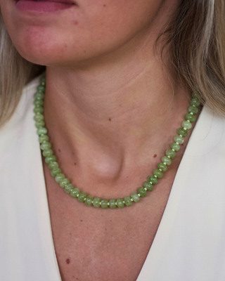 Olive Gemstone Necklace with small light-green polished stone beads, subtle tonal variation and a simple round strand