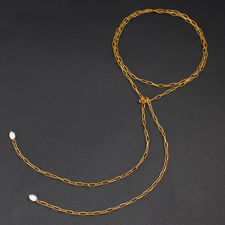 Paperclip Pearl Lariat necklace with a gold-tone elongated link chain and two small white pearl ends