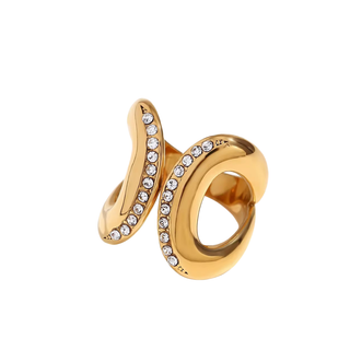 Parker sculptural CZ ring in polished gold-tone metal with two flowing curved bands lined with clear round stones