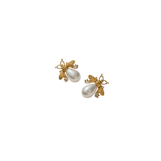 Pearl Bee Stud Earrings in gold-tone metal, each featuring textured bee detailing and a smooth white teardrop pearl