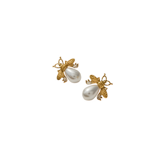 Pearl Bee Stud Earrings with gold-toned textured bee details and smooth white teardrop-shaped pearl accents