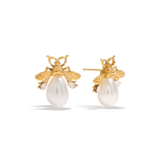 Pearl Bee Stud Earrings feature gold-tone bees with textured wings and large white teardrop pearl drops.