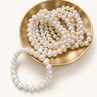 Pearl Heirloom Stretch Bracelet with white freshwater pearls in round and slightly irregular shapes, strung on a stretch cord, displayed on a gold plate.