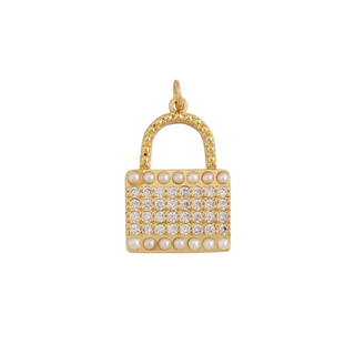 Pearly Lock Charm in gold-tone metal, featuring a padlock shape with rows of clear stones and pearl accents
