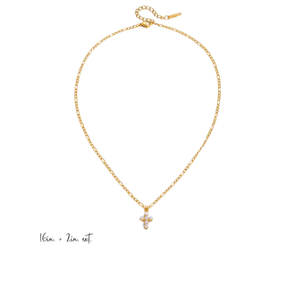 Petite Pearl Cross Necklace with a fine gold-tone chain and a small cross pendant accented with white pearls