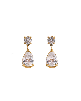 Petite Teardrop CZ Drop Earrings in gold-tone metal, with clear round stud stones and faceted pear-shaped drops