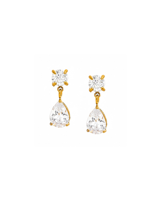 Petite Teardrop CZ Drop Earrings in gold-tone metal with clear square-cut studs and pear-shaped drop stones