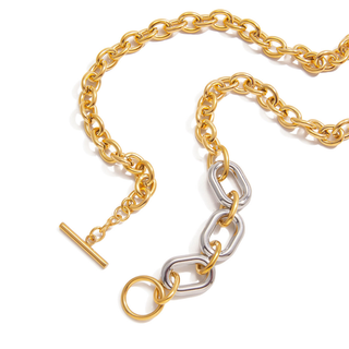 Riviera two-tone link toggle necklace with polished gold and silver chain links and a distinctive T-bar clasp