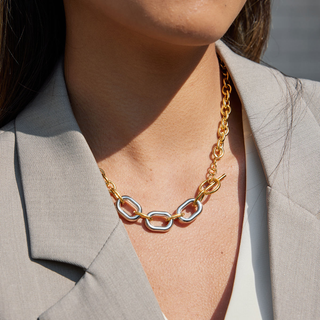 Riviera two-tone link toggle necklace with polished gold chains, silver oval links, and a gold toggle clasp