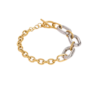 Riviera Two Tone Toggle Chain Bracelet with chunky alternating polished gold and silver links and a bar toggle clasp