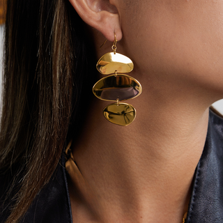 Sculpted Shine Earrings in polished gold-tone metal, featuring three cascading smooth, irregular oval shapes