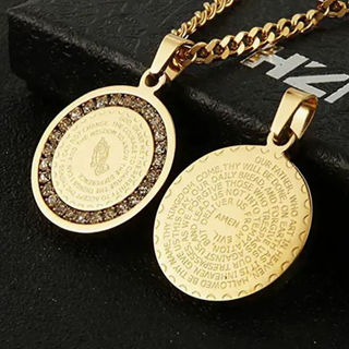 Serenity Prayer Pendant necklace in gold-tone metal, with engraved prayer text and a round crystal-bordered medallion