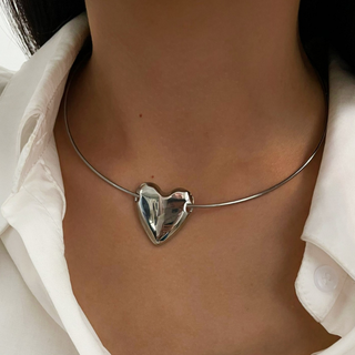 Silver Heart Choker Necklace in polished silver-tone metal, with a rigid slim band and a prominent heart pendant