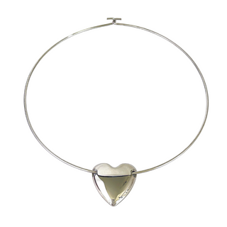 Silver Heart Choker Necklace in polished silver-tone metal, with a fine rigid circular band and a smooth heart pendant