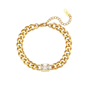 Sloane Chain Bracelet in polished gold-tone metal with chunky links and a clear rectangular stone in a bezel setting