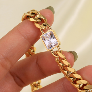 Sloane Necklace in polished gold-tone chunky chain with a large rectangular clear crystal set in a sleek bezel