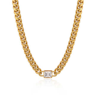 Sloane Necklace in gold-tone metal with a chunky curb chain and a clear square-cut stone in a rectangular bezel