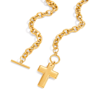 Solid Cross Toggle Necklace in shiny gold-tone metal, featuring a smooth solid cross pendant and chunky chain with toggle clasp