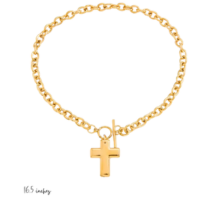 Solid Cross Toggle Necklace in gold-tone metal with a chunky oval-link chain, bar toggle clasp, and smooth cross pendant