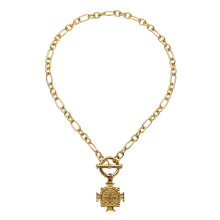 St Benedict Toggle Necklace in gold-tone metal with a chunky oval-link chain, bar toggle clasp, and cross-shaped medallion