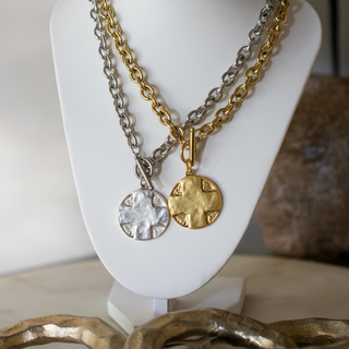 The Lord's Prayer Cross Medallion necklace in gold and silver-tone metal with textured round pendants and chunky chains