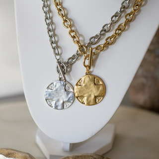 The Lord's Prayer Cross Medallion necklace in silver and gold, with hammered round pendants and chunky toggle chains