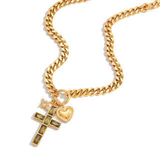 Trinity Necklace in chunky gold-tone curb chain with a gem-set cross, heart charm, and small starburst pendant