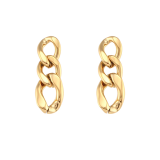 Triple Link Chain Earrings in polished gold-tone metal, each with three oversized interlocking oval links in a sculptural drop design