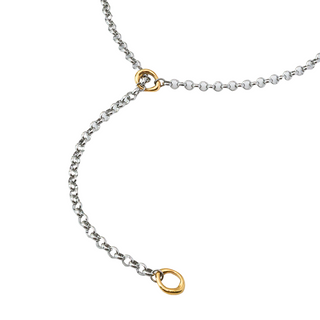 Two Tone Axis Necklace in silver-tone stainless steel with gold-tone circular connectors and a fine linked chain.