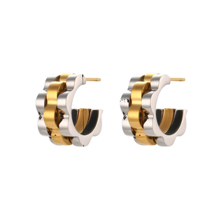 Two-Tone Braided Huggie Earrings in polished gold and silver, with chunky braided bands and hinged closures