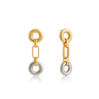 Two-Tone O Link Earrings with gold and silver stainless steel circular studs, slim links, and open ring drops