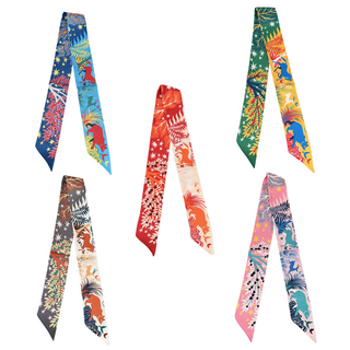 Wander Wild Twilly narrow silky scarves in five colorful woodland animal, botanical, and star prints