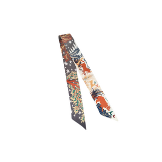 Wander Wild Twilly scarf in cream and charcoal silky fabric, with colorful woodland animals, botanical prints and stars