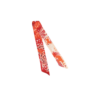 Wander Wild Twilly scarf in red and cream silky-feel fabric, with woodland animals, botanical foliage, and stars