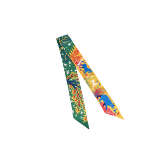 Wander Wild Twilly scarf with a split dark green and golden yellow silky design, woodland animals, botanicals and stars