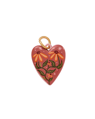 Wildflower Heart Charm in pink with hand-painted orange daisies, leafy floral artwork and a gold-tone clasp