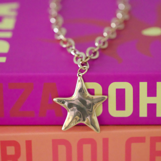 Wish Upon a Star Necklace with a shiny silver-tone chain and polished five-point star pendant with sculpted details
