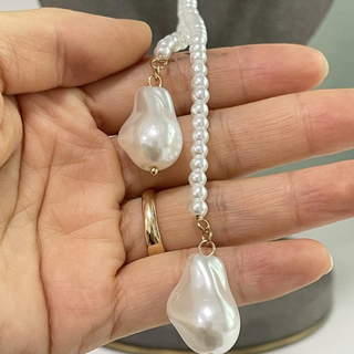 Wrap Pearl Lariat Necklace with a white glass pearl strand and two large irregular drop pearls on gold-tone links