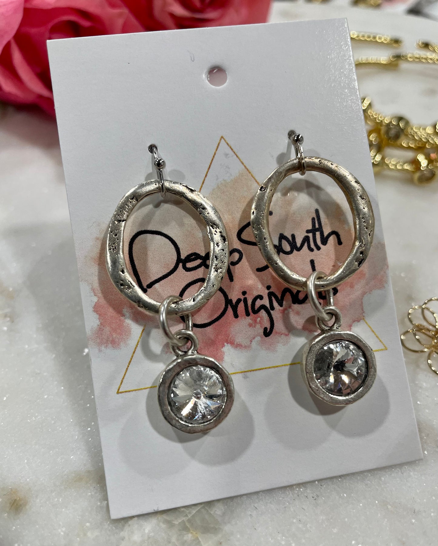 Silver Hammered Oval with Diamond Drop Earrings from Deep South Originals - Deep South Originals