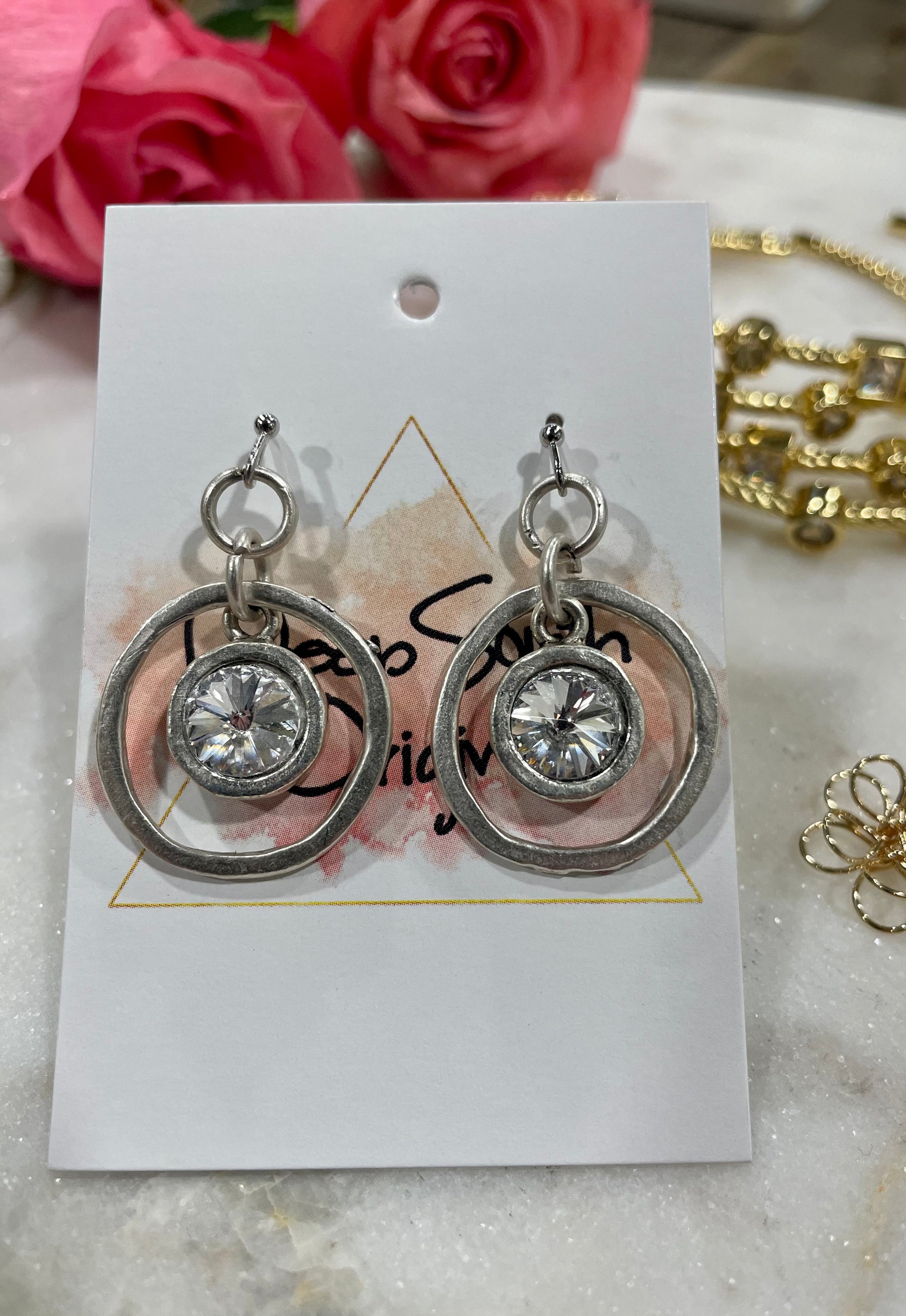 Silver Circle and Diamond Drop Earrings from Deep South Originals - Deep South Originals