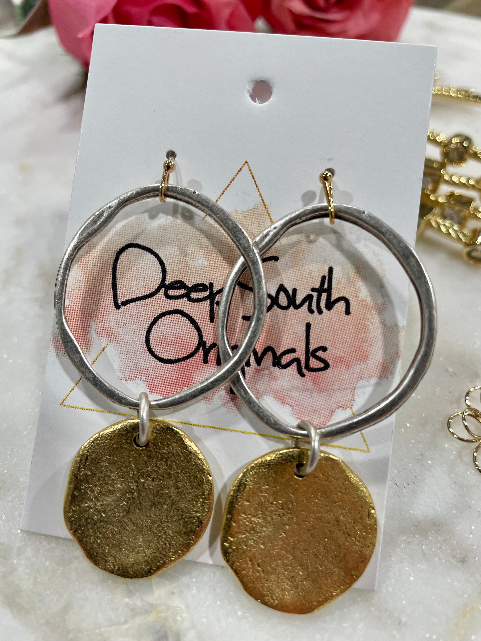 Mixed Metal Organic Circle and Gold Coin Earrings by Deep South Originals - Deep South Originals