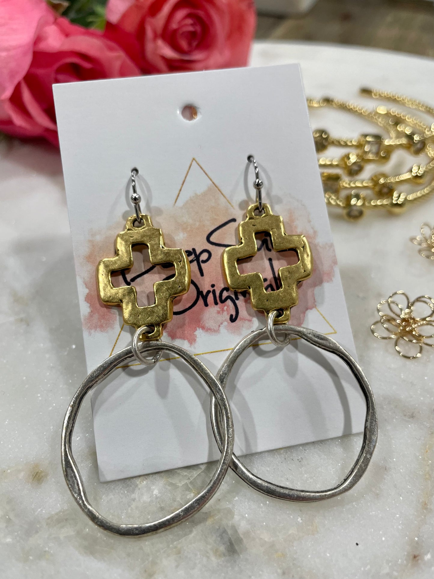 Gold and Silver Hammered Cross Earrings from Deep South Originals - Deep South Originals
